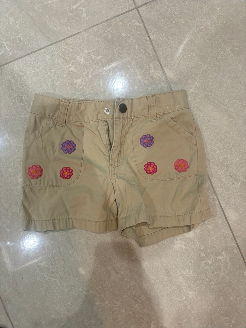Gymboree Tan Shorts with Pink and Purple Flower Embroidery